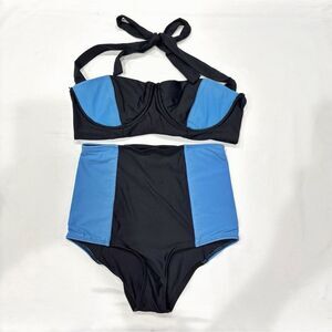 Kore Swim Bikini Set Women’s Top L Bottoms S Black Blue High Waist Retro Y2K
